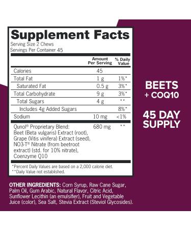 Qunol Beets Chews for Blood Pressure Support 3 in 1 Beets + CoQ10 + Grape Seed Extract Supports Healthy Blood Circulation & Heart Healthy Energy 90 Chews 90 Count (Pack of 1) - Buy Online on GoSupps.com