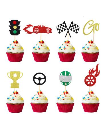 Arthsdite 24 PCS Race Car Cupcake Toppers Traffic Light Steering Wheel Trophy Flag Helmet Racing Car Cupcake Picks for Let's Go Racing Sports Theme Baby Shower Boys Birthday Party Cake Decorations Colorful