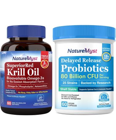 Krill Oil 1000mg and Probiotics Bundle Omega 3s with DHA EPA & Astaxanthin Plus 80 Billion CFU 25 Strains Gut Heart & Immune Function Non-GMO Made in USA 60 Softgels + 60 Capsules