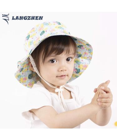 LANGZHEN Baby Girls Beach Sun Hat with Chin Strap | Toddler Kids Wide Brim Play Hat | Flamingo-Leaves Design | 1-2 Years - Buy Online on GoSupps.com