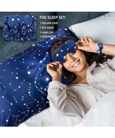 Whaline 4Pcs Body Silk Satin Pillowcase Set with Eye Mask, Scrunchie, and Hair Cap | Starry Dark Blue Sky Theme | Hypoallergenic and Soft Pillow Cover for Hair and Skin - Buy Online on GoSupps.com