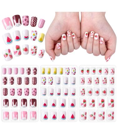 72 pieces of nails for sticking for children self-adhesive artificial false fingernails for girls teen 72 strawberry watermelon rabbits