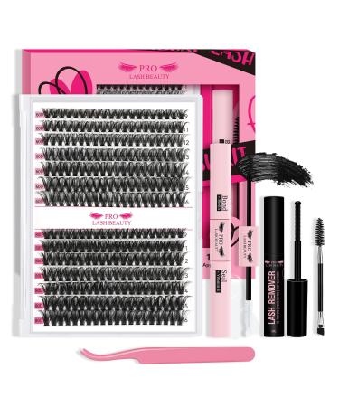 DIY eyelash extension kit individual eyelashes kit with 280 PCs cluster eyelash binding and seal eyelash applianter eyelash brush for beginners (30d+40d-9-16mix kit) 9-16 MIX 60D+80D-D kit (g)