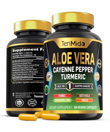 Tenmido Aloe Vera Capsules Supplement - 8in1 Formula - Combine with Turmeric Cayenne Pepper Marshmallow Fennel Gotu Kola Ginger and Black Pepper - 90 Capsules for 3 Months Supply