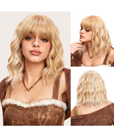 OUFEI Mixed Blonde Wigs for Women Short Wavy Wig With Bangs Natural Synthetic Hair Heat Resistant Wigs for Daily Party Cosplay Wear