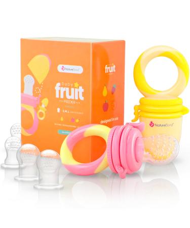 NatureBond Baby Food Feeder/Fruit Feeder Pacifier (2 Pack) - Infant Teething Toy Teether | Includes Additional Silicone Sacs Peach Pink and Lemonade Yellow