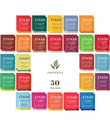 Stash Tea Bags Variety Pack - Herbal and Decaf - Caffeine Free Assorted Teas - Tea Sets for Women and Men - 50 Ct, 25 Different Flavors - 100% Handmade Cotton Pouch Included Caffeine-Free & Decaf