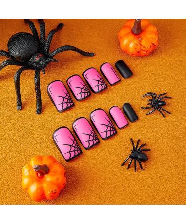 Halloween Fake Nails - Short Square Spiderweb Designs - Pink & Black Press on Nails for Women and Girls - Buy Online on GoSupps.com
