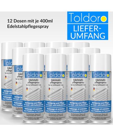 Toldoro 12x Stainless Steel Care Spray 400ml | Effective Stainless Steel Cleaner for Kitchen & Grill | Metal Cleaning Spray Bottle 12 Pack - Buy Online on GoSupps.com