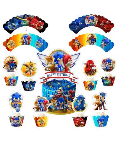33pcs Sonic Cake Decorations with 1pcs Cake Topper 16pcs Cupcake Toppers and Cupcake Wrappers for Boys Birthday Party Supplies