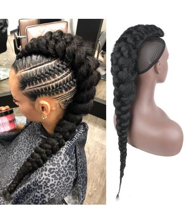 Goddess Braid Fauxhawks High Puff Braided Hair Pieces for Black Women,KRSI Yaki Straight Braided Mohawks Guin-Gui Jumbo and Thick Rows Braided to The Middle Clip in Hair Extensions for Women (1B)