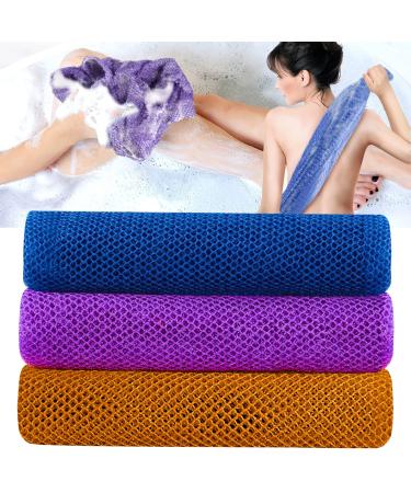 African Exfoliating Net 3 Pcs African Net Sponge Exfoliating Cloth Nylon Long Net Washcloth Shower Body Scrubber Back Scrubber Skin Smoother for Daily Shower Bathing Exfoliating(Brown Purple Blue)