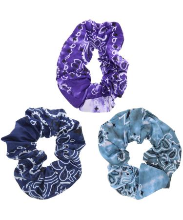 Zac's Alter Ego Set of 3 Acid Wash Tie Dye Retro Paisley Print Hair Scrunchies Navy Blue Purple & Grey