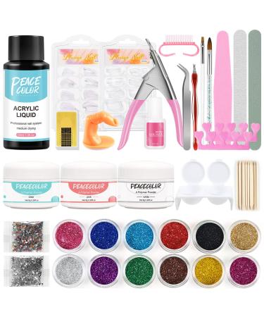 PEACECOLOR Acrylic Nail Kit for Beginners White Pink Clear Acrylic Powder 30ml Acrylic Liquid for Nail Extension Nail Forms Acrylic Nail Brush Acrylic Nails Supplies AC-21