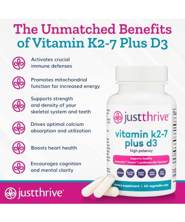 Just Thrive Vitamin K2-7 + D3 Supplement - 60 Vegetable Capsules for Immune, Heart, and Bone Health - Buy Online on GoSupps.com