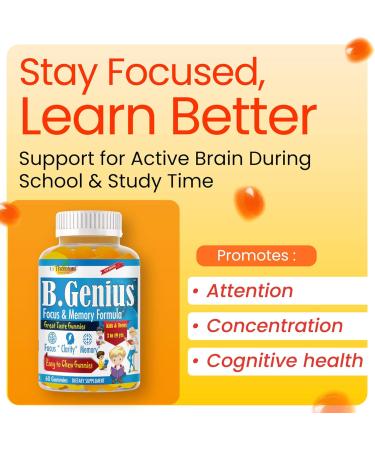 B.Genius Focus Gummies for Kids & Teens Kids Focus and Attention Supplements Memory & Concentration Plant-Based Focus Supplement for Clarity Learning & Cognitive Health-60ct - Buy Online on GoSupps.com