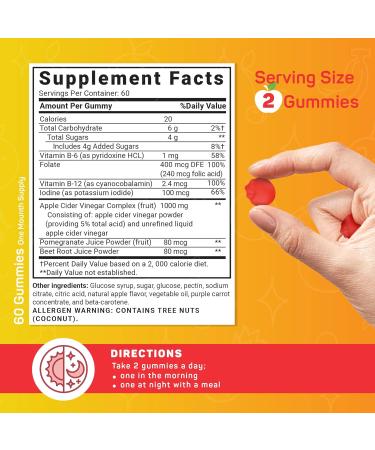 Apple Cider Vinegar Gummies 60ct - Digestion & Weight Loss Support - Detox & Energy Boost - Vegan & Gluten Free - USA Made with Vitamins B6 & B12 - Buy Online on GoSupps.com