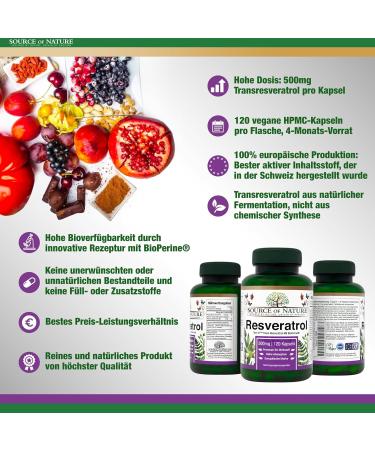 Source of Nature Trans-Resveratrol 500mg - 120 Vegan Capsules | High Dosage Antioxidant Protection | 98% Pure Active Ingredient | 4-Month Supply - Buy Online on GoSupps.com