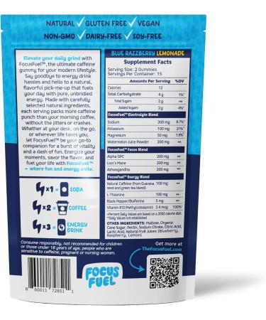 Energy Chews - All-Natural Focus & Energy Gummies with 100mg Caffeine | B12 Magnesium Electrolytes | Blue Razzberry Lemonade - 30 Chews - Buy Online on GoSupps.com