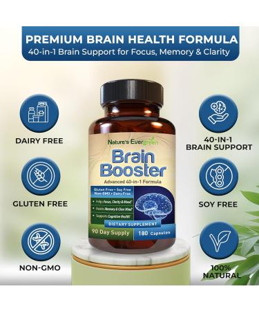 Brain Booster 40-in-1 Formula Supplement for Focus, Memory, Clarity, Energy | for Men & Women, Cognitive Function Nootropic Support with DMAE, Brain Health Formula | (180 Capsules - 90 Day Supply) - Buy Online on GoSupps.com