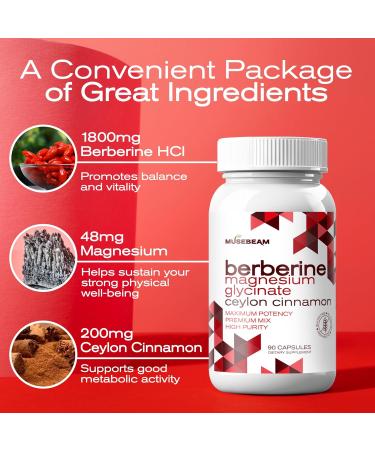 MuseBeam Berberine HCL Magnesium Glycinate Supplement - 1800mg High Purity Capsules with Ceylon Cinnamon - Vegan Friendly Non-GMO Gluten-Free Sugar Free Pill for Men Women - Buy Online on GoSupps.com