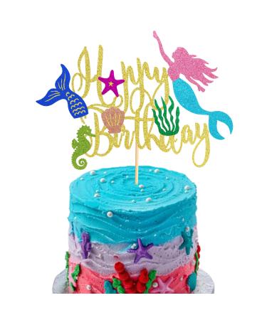 Arthsdite 1Pc Mermaid Happy Birthday Cake Topper Mermaid Cake Pick Starfish Seaweed Seashells Coral Mermaid Tail Cake Decoration for Under the Sea Baby Shower Birthday Party Cake Decorations Supplies Mermaid Cake Topper