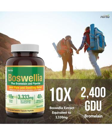 Herba Boswellia Serrata Capsules with Bromelain Supplement 120 Boswellia Capsules | 3 330mg 10:1 Boswellia Extract with Black Pepper - Extra Strength | Relieves Joint Pain and Swelling | Made in Canada - Buy Online on GoSupps.com