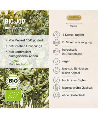Organic Jod Capsules | Natural Iodine from Hebrides Algae | Bio Kelp Vegan Supplements | 150 g Organic Iodine per Capsule | Eco-Friendly Glass Container - Buy Online on GoSupps.com