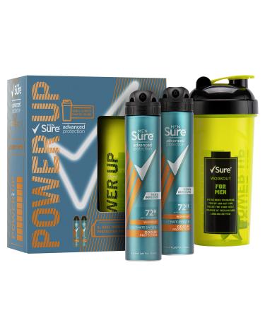 Sure Men Advanced Protection Workout Gift Set For Gym Lovers 2 x 200ml Anti Perspirant Deodorant for Men with 700ml Protein Shaker Bottle