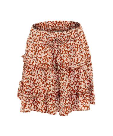 LAEMILIA Womens Elastic Waist Flared Short Skirt Floral Print Pleated Mini Skater Skirt with Drawstring M Orange