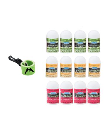 Lip Naturals® | 12-Count Assorted Mini Lip Balm with Sunscreen (SPF-15) & 1 Lip Balm Keychain | Made in USA | Lip Balm Pack with 3 Flavors: Tea Tree Mint, Vanilla Bean, & Bing Cherry (0.10oz/3g Each)