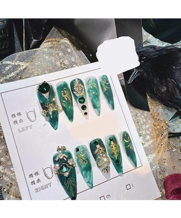 Nail Tips False Nails Tips Art Press on Nails Handmade Nail Art in Real Photos Wearing Luxurious and Niche Style Spicy Girl Nail and Diamond Jewelry with Black Green Palace(XS) - Buy Online on GoSupps.com