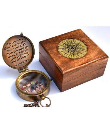 2023 Solid Brass Directional Magnetic Compass Antique Nautical Vintage Quote Engraved with Scripture Jeremiah 29:11 & Joshua 1:9 Baptism Gifts with Rosewood Case & Leather case for Son Father #1 for I Know The Plans Compass