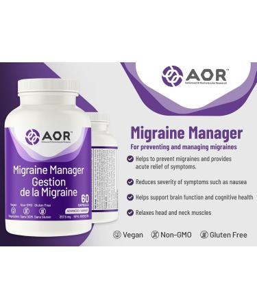 AOR Migraine Manager 60 Caps - Balanced Support with Vinpocetine Riboflavin Feverfew Extract & Magnesium Citrate - Brain Health Supplement for Adults - Natural Calm for Head Comfort & Sleep Support - Buy Online on GoSupps.com