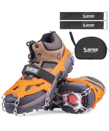 Sfee Ice Snow Grips Crampons Traction Cleats,19 Stainless Steel Spikes for Women Men Kids, Anti Slip Flexible Shoe/Boot Footwear for Walking Climbing Hiking Fishing Outdoor Orange Medium(US:5-8)