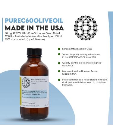 PureC60OliveOil C60 Organic MCT Coconut Oil 100ml / 3.4 Fl Oz - 99.95% Carbon 60 Solvent Free 40mg - Amber Glass Bottle - Food Grade - Carbon 60 Coconut Oil - From The Leading Global Producer - Buy Online on GoSupps.com