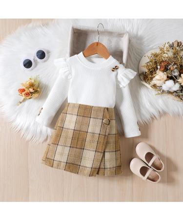 Miipat Baby Girl Clothes Set | Fall Winter Outfit with Pullover Tops and Mini Skirt | 2-3 Years | White & Khaki - Buy Online on GoSupps.com