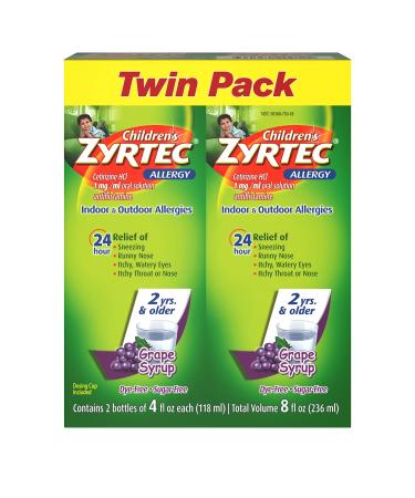 Zyrtec 24 Hr Children's Allergy Syrup with Cetirizine, Sugar-Free Grape, Twin Pack of 4 fl. oz - Buy Online on GoSupps.com