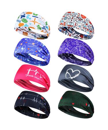 8 Pieces Nursing Headbands with Buttons for Nurses Doctors Women Face Covering Ear Protection Holder Non Slip Elastic Hair Bands Wide Head Wraps for Spa Yoga Sports Workout (Sweet Patterns)