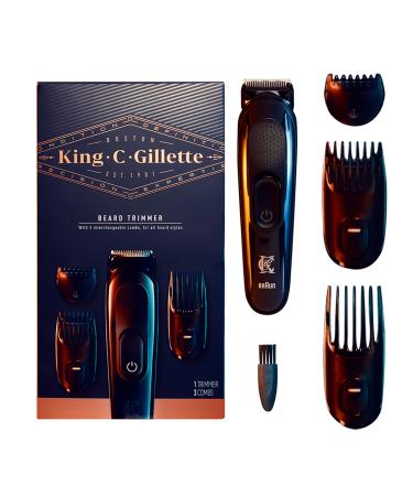 King C. Gillette Cordless Beard Trimmer for Men, Kit includes 1 Trimmer, 3 Interchangeable Combs, 1 Cleaning Brush, 1 Charger, 1 Travel Bag, BLUE