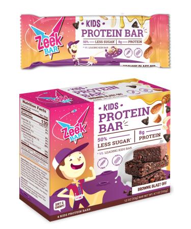 ZEEK BAR - Kids Protein Snack Bars - 50% Less Sugar, 8g Protein - All Natural, Non-GMO, Gluten Free - Brownie Blast Off, 4 Count Brownie Blast Off 4 Count (Pack of 1)