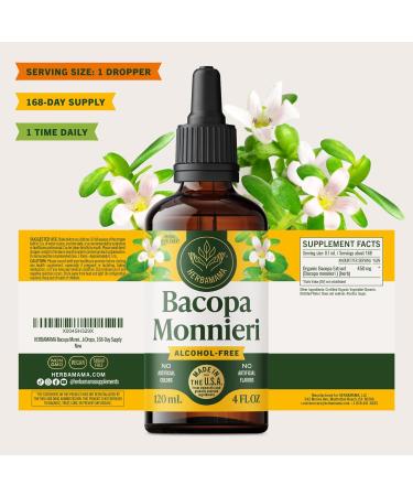 HERBAMAMA Bacopa Monnieri Supplement - Vegan Brain Focus and Clarity Support with Bacopa Extract Tincture - Non-GMO Alcohol & Sugar-Free Brahmi Herb Drops 168-Day Supply 4 Fl Oz (Pack of 1) - Buy Online on GoSupps.com