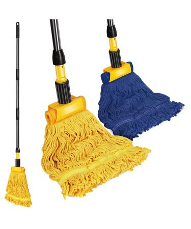 Gadhra Commercial Mop, Looped-End String Industrial Mop, Heavy Duty Mops with 2 String Mop Heads for Floor Cleaning, Blue/Yellow