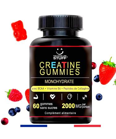 Creatine Monohydrate Gummies 2g/BCAA Pre Workout/Collagen/Vitamin B6/Bodybuilding/Sport/Fitness/Vegan/Gluten Free/Non-GMO/Sugar Free/Natural Red Fruit Flavoring/Women/Men/60 Gums Creatine/30 days
