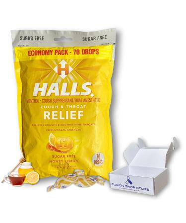 Halls Sugar Free Honey Lemon- Relief Cough Drops Economy Pack 70 Drops (1 Pack) Set with Fusion Shop Store Box (1) Small Yellow