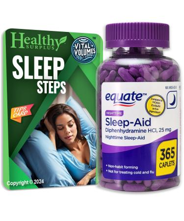 Equate Sleep-Aid Diphenhydramine HCI 25 mg 365 Caplets and Vital Volumes Sleep Steps Tips Card
