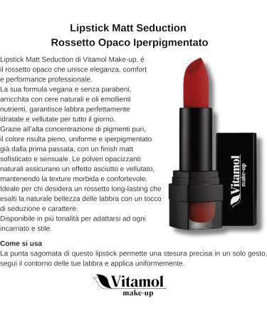  Vitamol Vitamol Matte Seduction Lipstick - Long-lasting Velvety Effect Vegan Formula - Intense Color 4.5g (Touch Me) - Buy Online on GoSupps.com