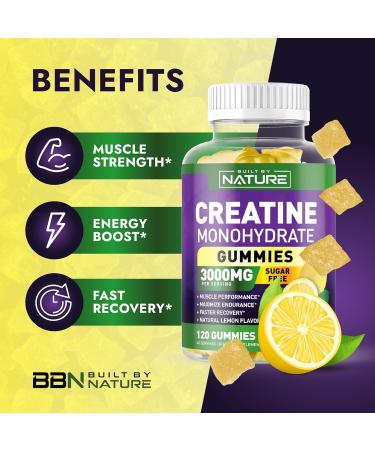 Built by Nature Sugar Free Creatine Monohydrate Gummy for Men and Women Muscle Strength & Energy Boost Pre Workout - Natural Lemon Flavor - 120 Gummies - Buy Online on GoSupps.com