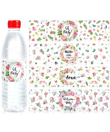 Chinco 48 Pieces Waterproof Baby Shower Water Bottle Labels Pink Water Bottle Wrappers Floral Bottle Labels Unisex Water Bottle Sticker Labels Shower Decorations for Baby Birthday Party  4 Styles