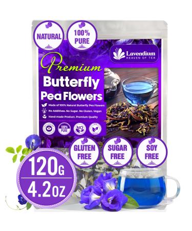 Lavendium CA Premium 120g (4.23oz) Blue Butterfly Pea Flowers 100% Natural & Pure from Blue Butterfly Pea Flowers Dried Wildcrafted Blue Pea Flowers Tea Butterfly Pea Flowers Loose Leaf Herbal Tea No Gluten Vegan Butterfly Pea 120Gr